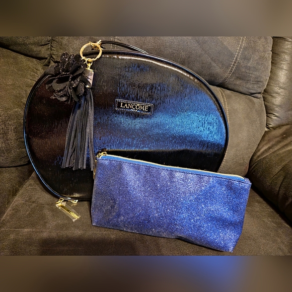 Lancome Other - LANCOME Black Tassel Rose Round Zip Travel Make Up Cosmetics Bags BLING Blue